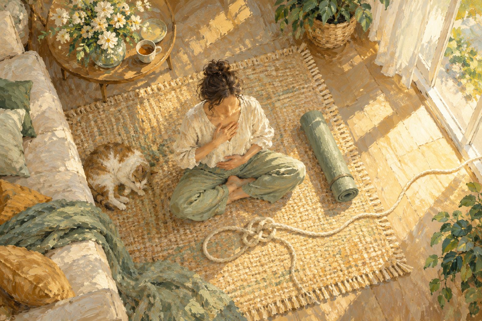 Pintura impresionista de una persona respirando con las manos sobre el pecho y el abdomen, ilustración de trauma y síntomas físicos en el cuerpo