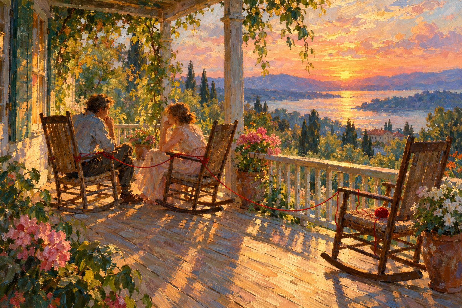 Pintura impresionista de un porche con tres mecedoras al atardecer, ilustración de la triangulación en la pareja