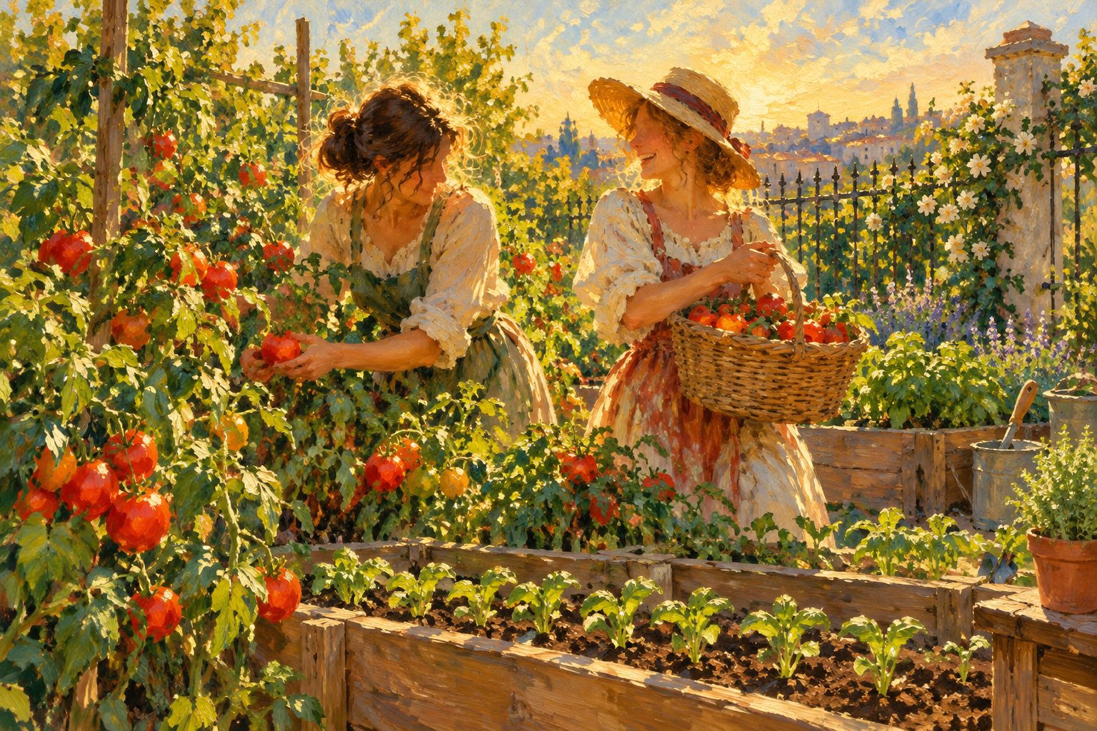 Pintura impresionista de dos mujeres cosechando en un huerto urbano, ilustracion sobre tricotilomania