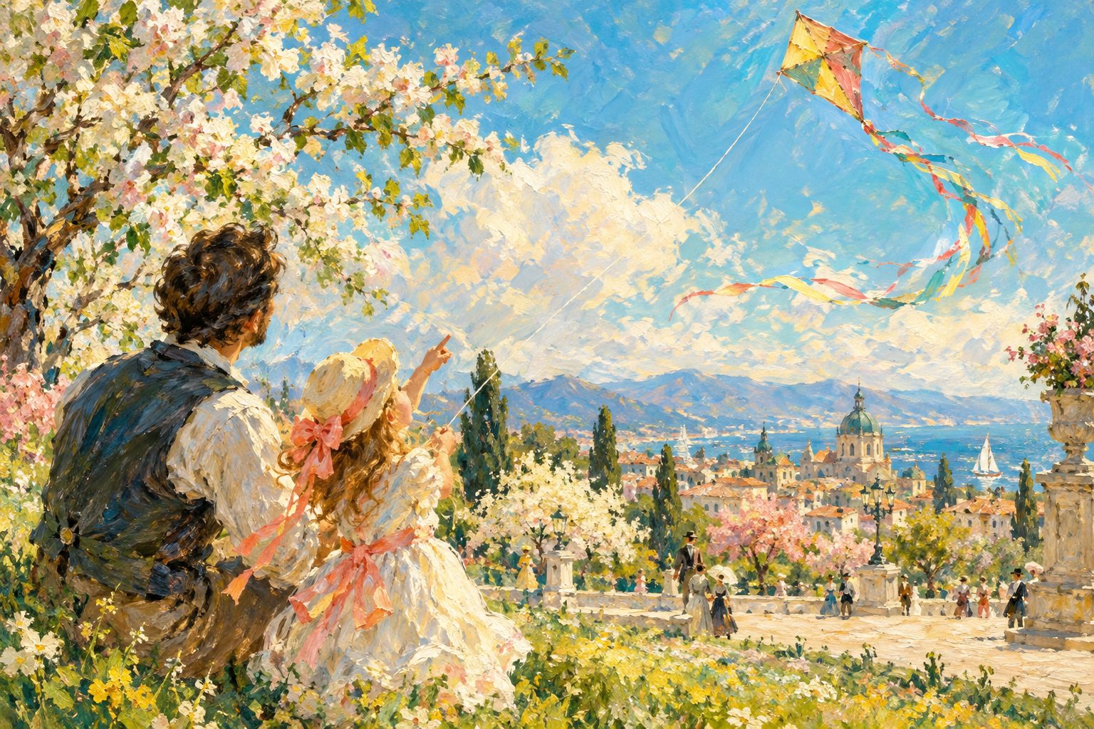 Pintura impresionista de un padre y su hija elevando una cometa, ilustracion de tricotilomania en ninos y guia para padres