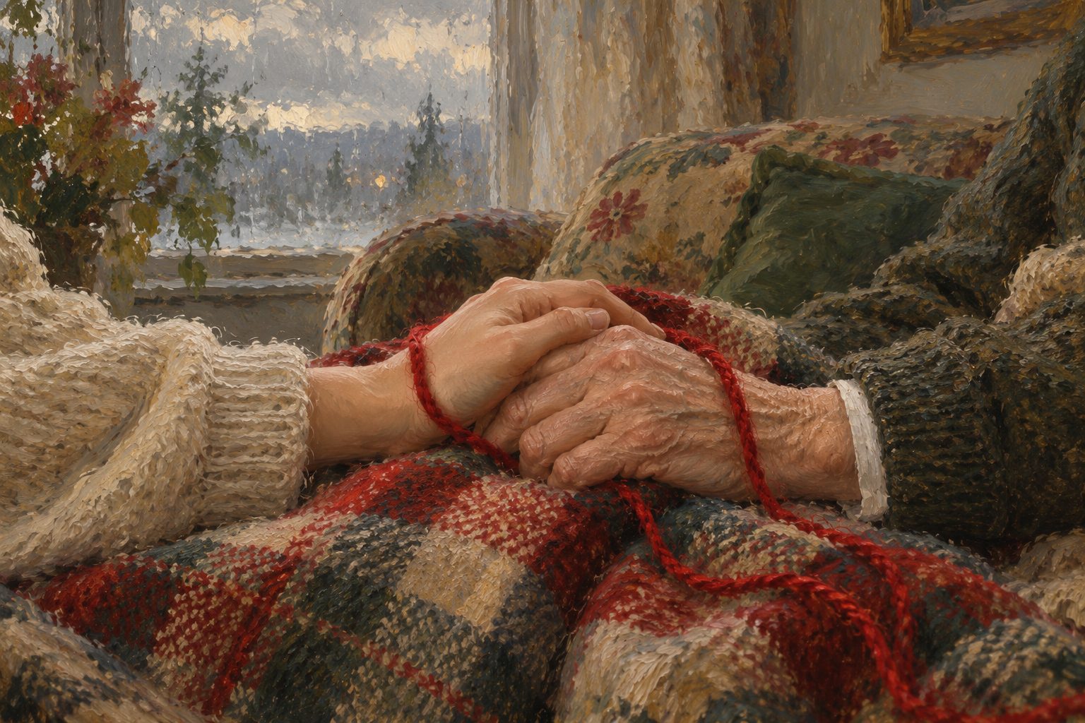 Pintura impresionista de dos manos que se sostienen sobre una manta de lana, validación emocional