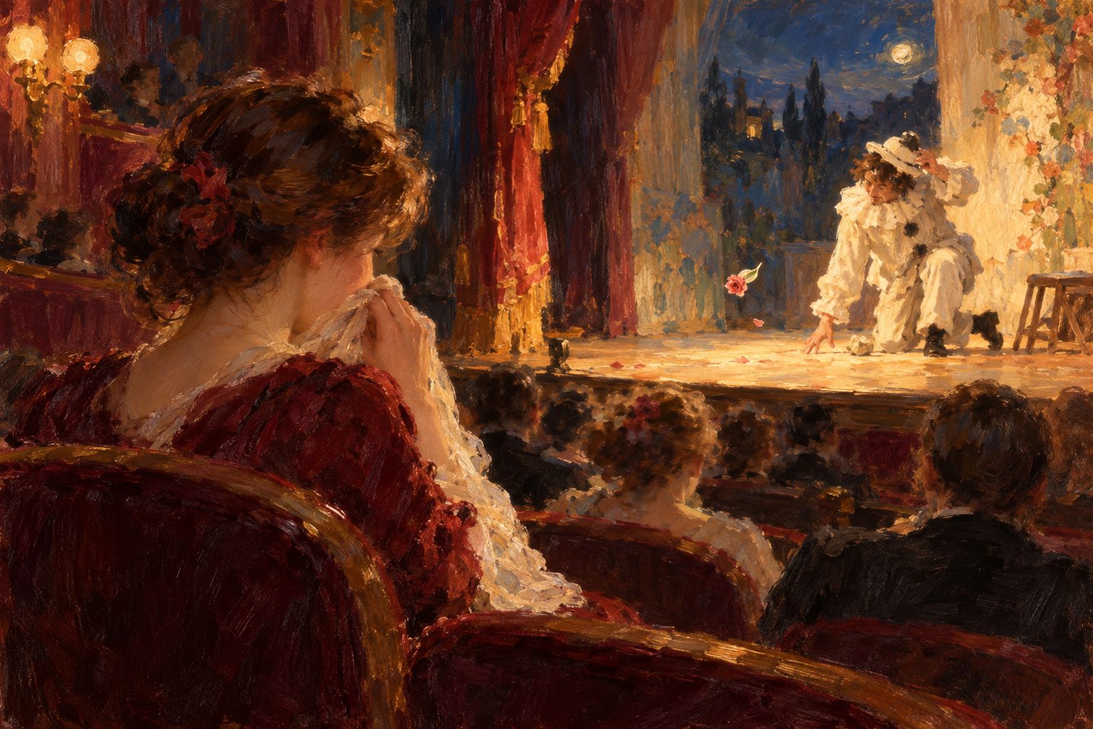 Pintura impresionista de una espectadora cubriéndose el rostro con la bufanda en un teatro, ilustración de la vergüenza ajena