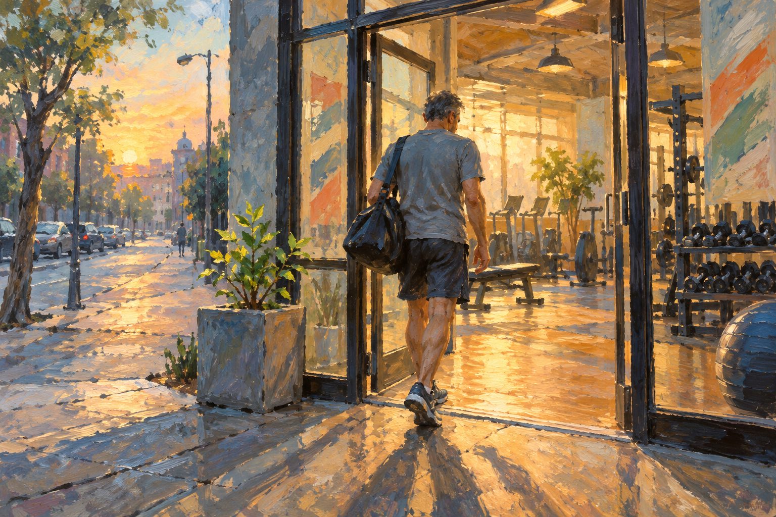 Pintura impresionista de un hombre entrando por primera vez a un gimnasio de barrio, ilustración de la vergüenza de ir al gimnasio