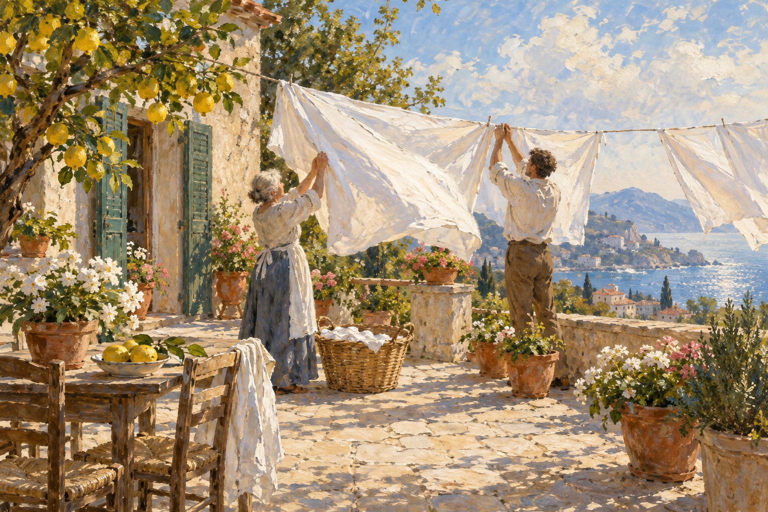 Pintura impresionista de una madre y su hijo adulto colgando sábanas, ilustración de vivir con mis padres a los 30