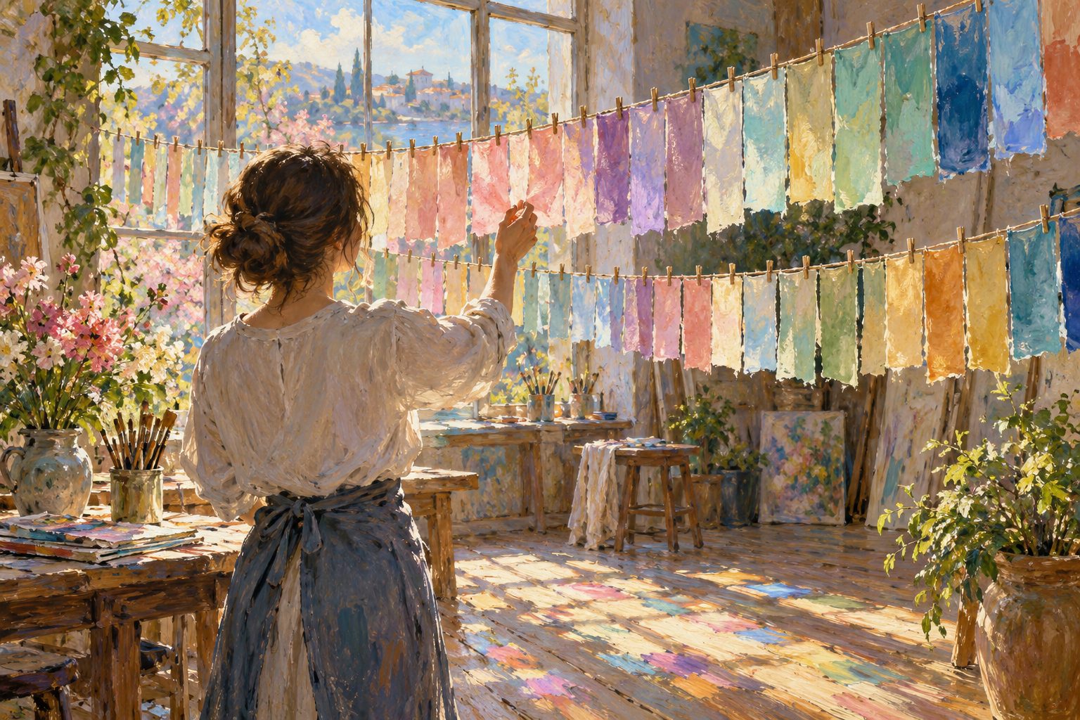 Pintura impresionista de muestras de color colgadas, ilustración del vocabulario emocional y la regulación de emociones