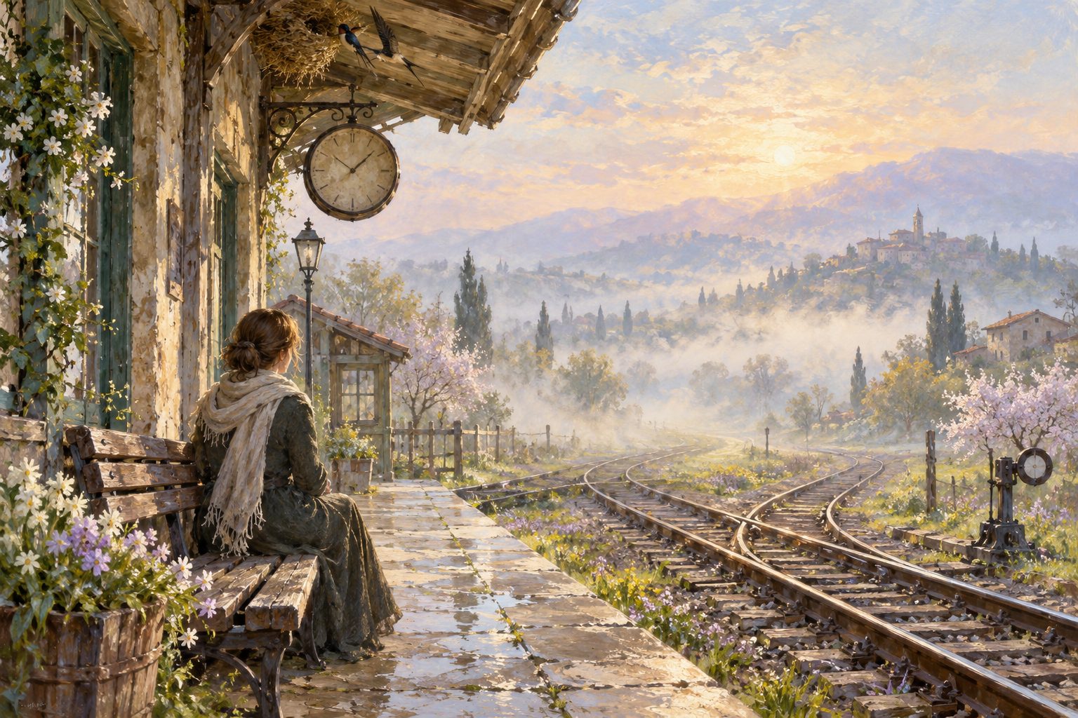 Pintura impresionista de un andén con vías que se bifurcan en la neblina, sobre volver con mi ex